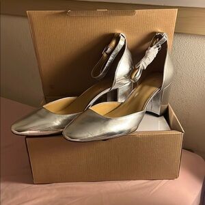 J. Crew Silver Ankle Strap Heels with Pointed Toe